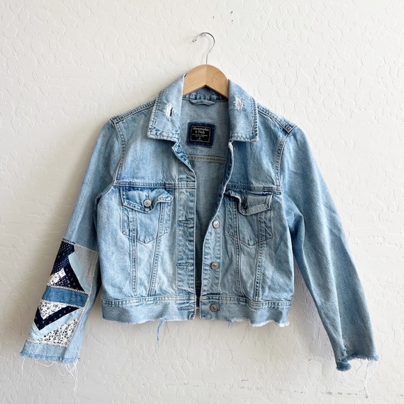 Abercrombie & Fitch Jackets & Blazers - Abercrombie & Fitch New York Cropped Patchwork Frayed BoHo Denim Jean Jacket